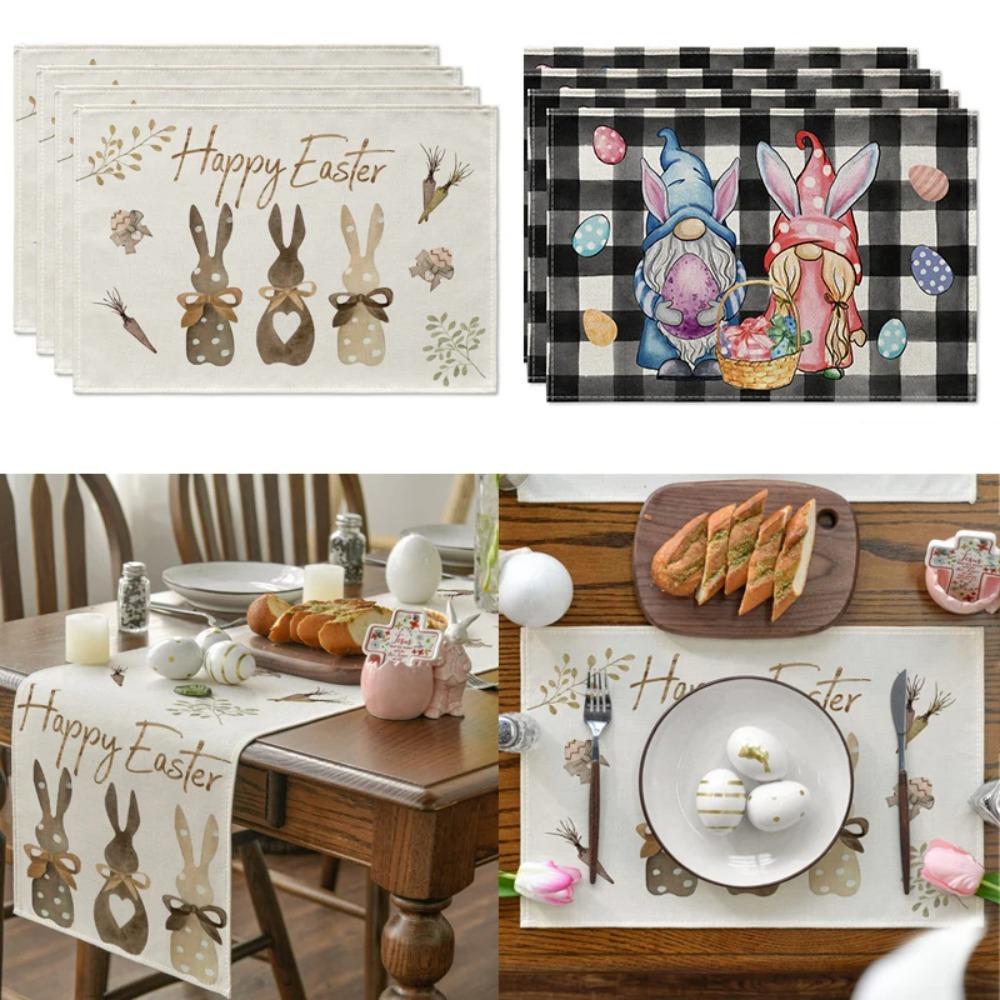 Happy Easter Bunny Placemats Gnome Rabbit Burlap Table Runner Spring Easter Party Table Decoration Reusable Table Runner