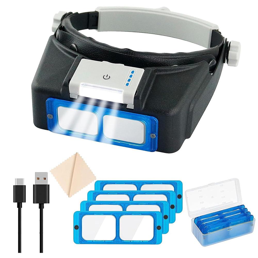1.5X-3.5X Rechargeable 4 LED Head Mounted Magnifier Headband Double Lens Reading Magnifying Glass for Close Work