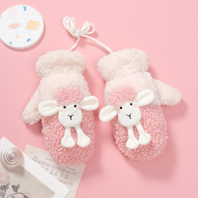 Fluffy Animal Mittens Plush Sheep Gloves with String Full Finger Mittens Winter Warm Mittens Cartoon Gloves for Women