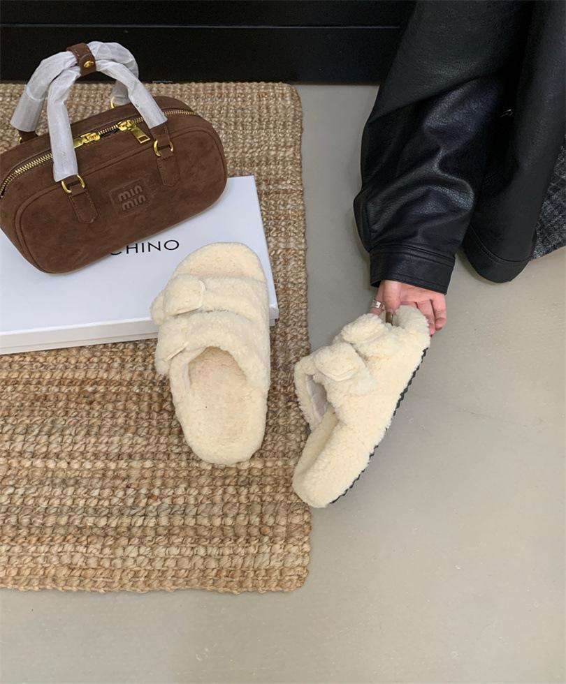 

Slippers women s 2025 new hair fashion versatile flat bottom fur integrated one-word drag 39