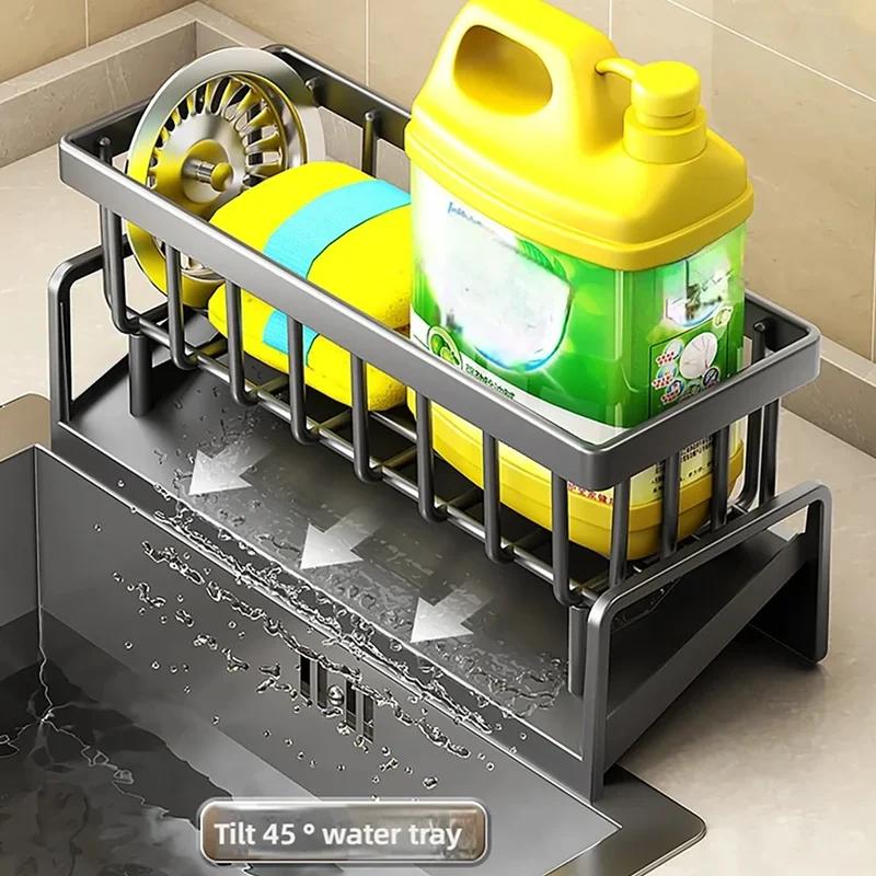 Kitchen Sink Organizer Sponge Holder Dish Cloth Drying Rack with Slanted Drain Tray for Countertop Storage