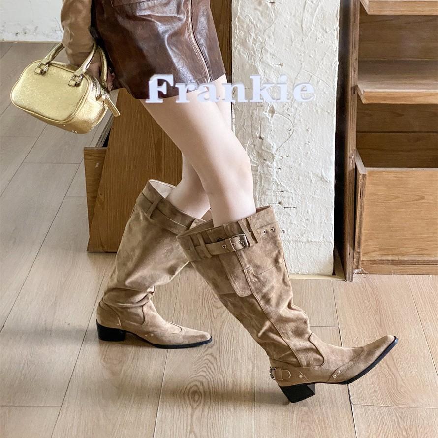 But Knee Boots Women's 2025 New Khaki Suede Pointed Boots Children Thick Heel Thin Pleated Piled Boots