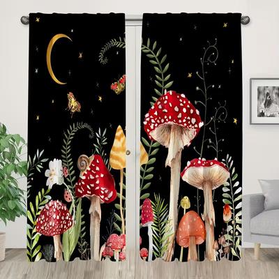 2 Pièces Rideaux à imprimé herbe et champignons, adaptés pour la décoration de chambre à coucher, salon, cuisine, décoration de maison, décoration de fenêtre