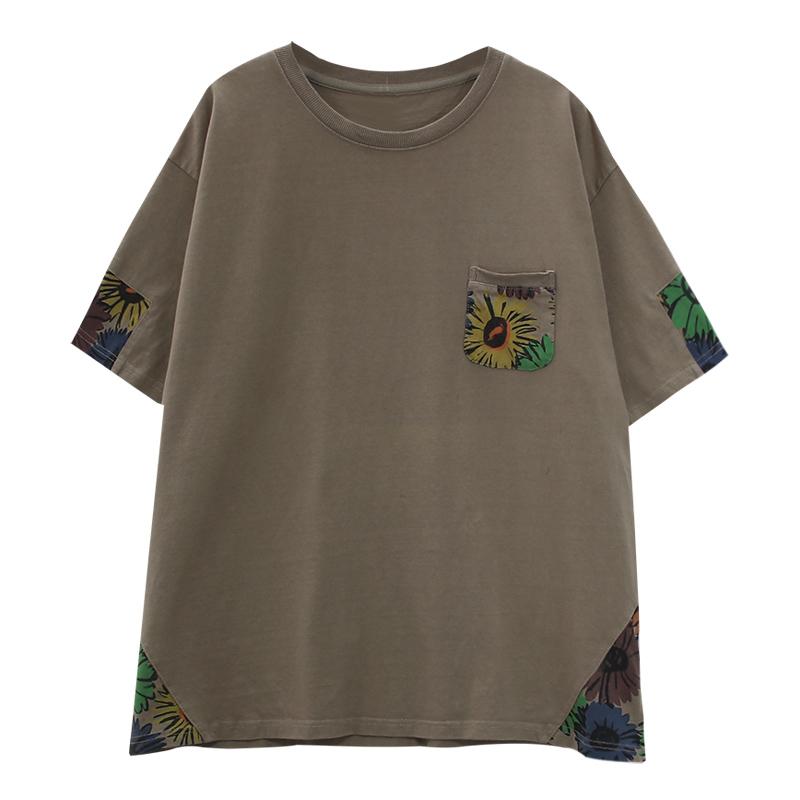 Dimanaf Summer Women T-Shirt Cotton Tshirt Fashion Floral Print Patchwork Tops Tees Home Wear Shirt Loose Casual