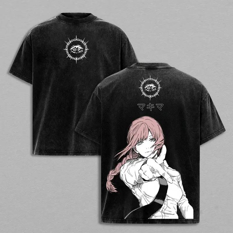 Makima Chainsaw Man Graphic T-shirt Manga Harajuku Washed Oversized T Shirt Men Women Clothing Cotton Short Sleeve Casual Tees