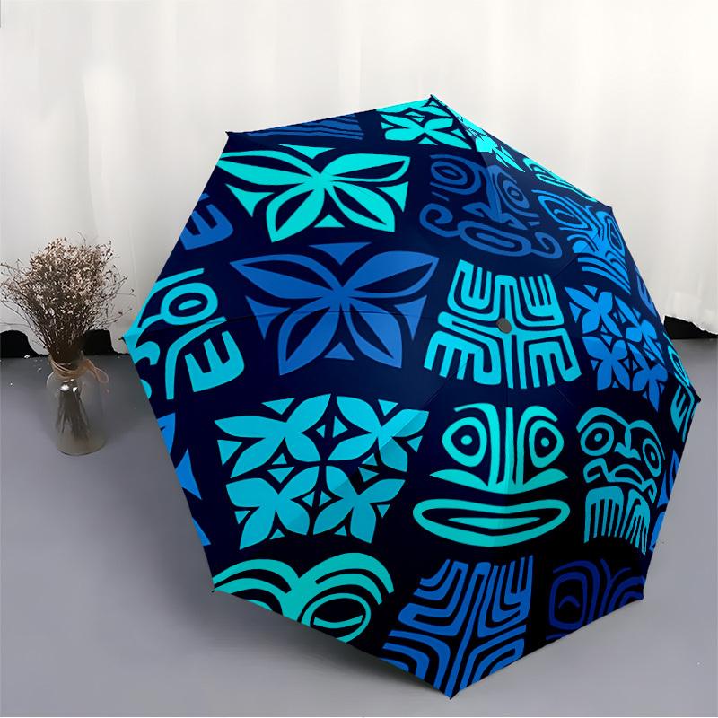 1pc Polynesian Pattern Automatic Folding Umbrella - 8-Rib Iron Frame, Windproof, Portable Sunshade with Plastic Handle for Travel & Outdoor