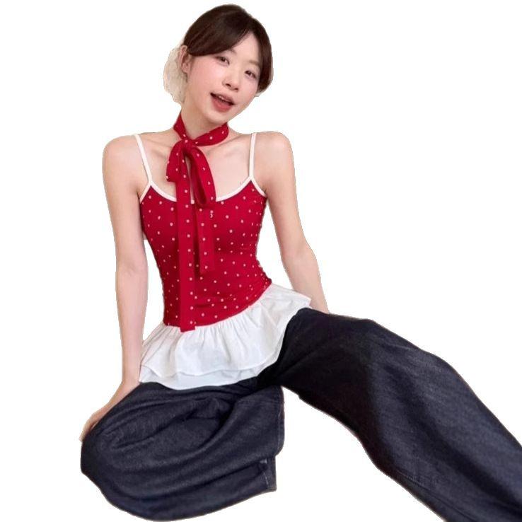 2025 Summer Women's Polka Dot Ruffle Cami with Bow - Trendy and Slimming