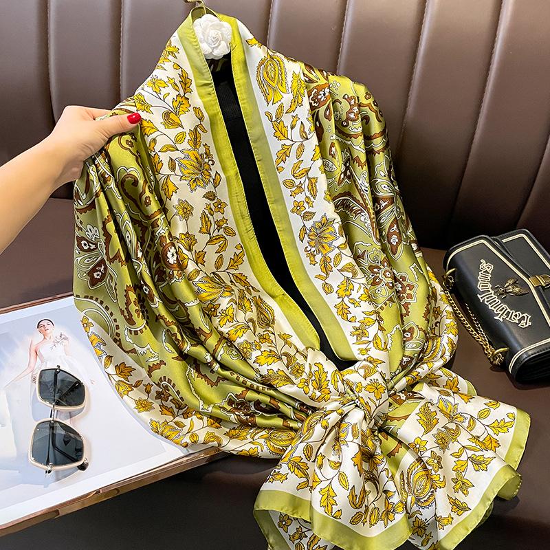 Painting Floral Design 100% Silk Feeling Scarf For Women 180X90Cm Shawl Wraps Luxury Female Hijab Headband Foulard Beach Stoles