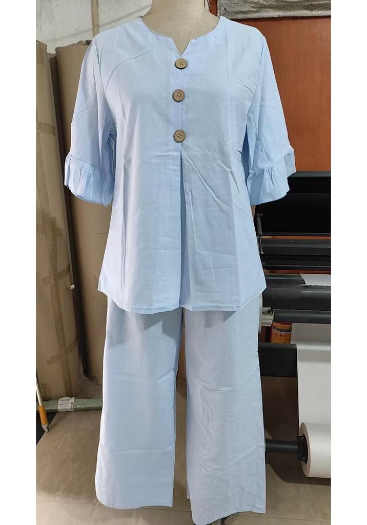 Women's V-Neck Ruffled Button-Up Top & Long Pants Set - In Stock & Ships Immediately