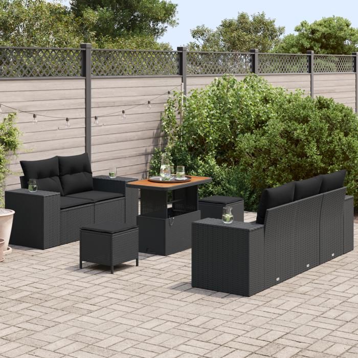 Ensemble de Canapé de Jardin vidaXL 8 Pièces avec Coussins Noir Rattan Poly Acacia, Ensemble de Salle à Manger de Jardin 3363899