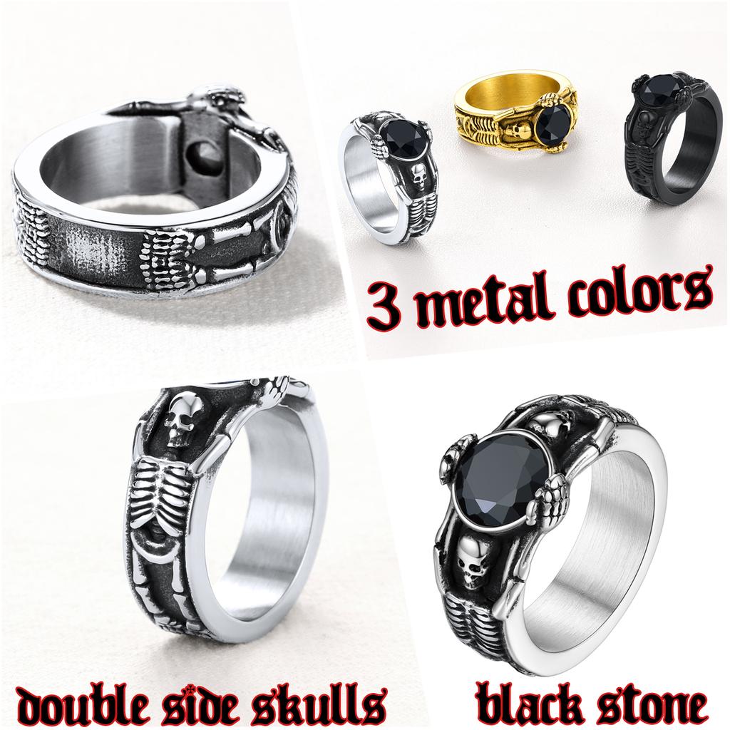 Stainless Steel Double Side Skeleton Holding Up Black Stone Skull Rings for Man Retro Gothic Punk Cool Jewelry Gift for Him