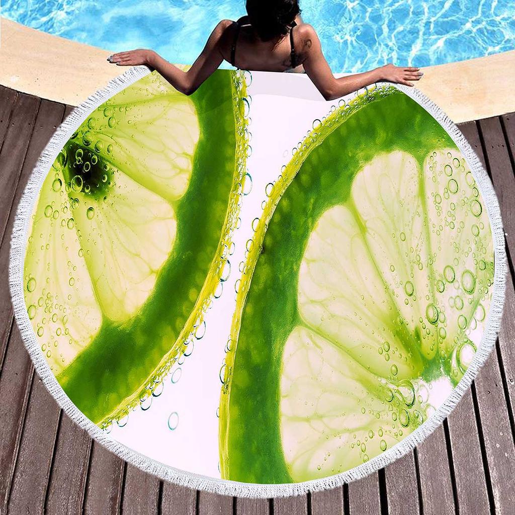 Fresh Fruit Lemon Round Beach Towel Microfiber Circle Towel Picnic Mat Absorbent Meditation Rug Yoga Mat Throw Fringe Tapestry