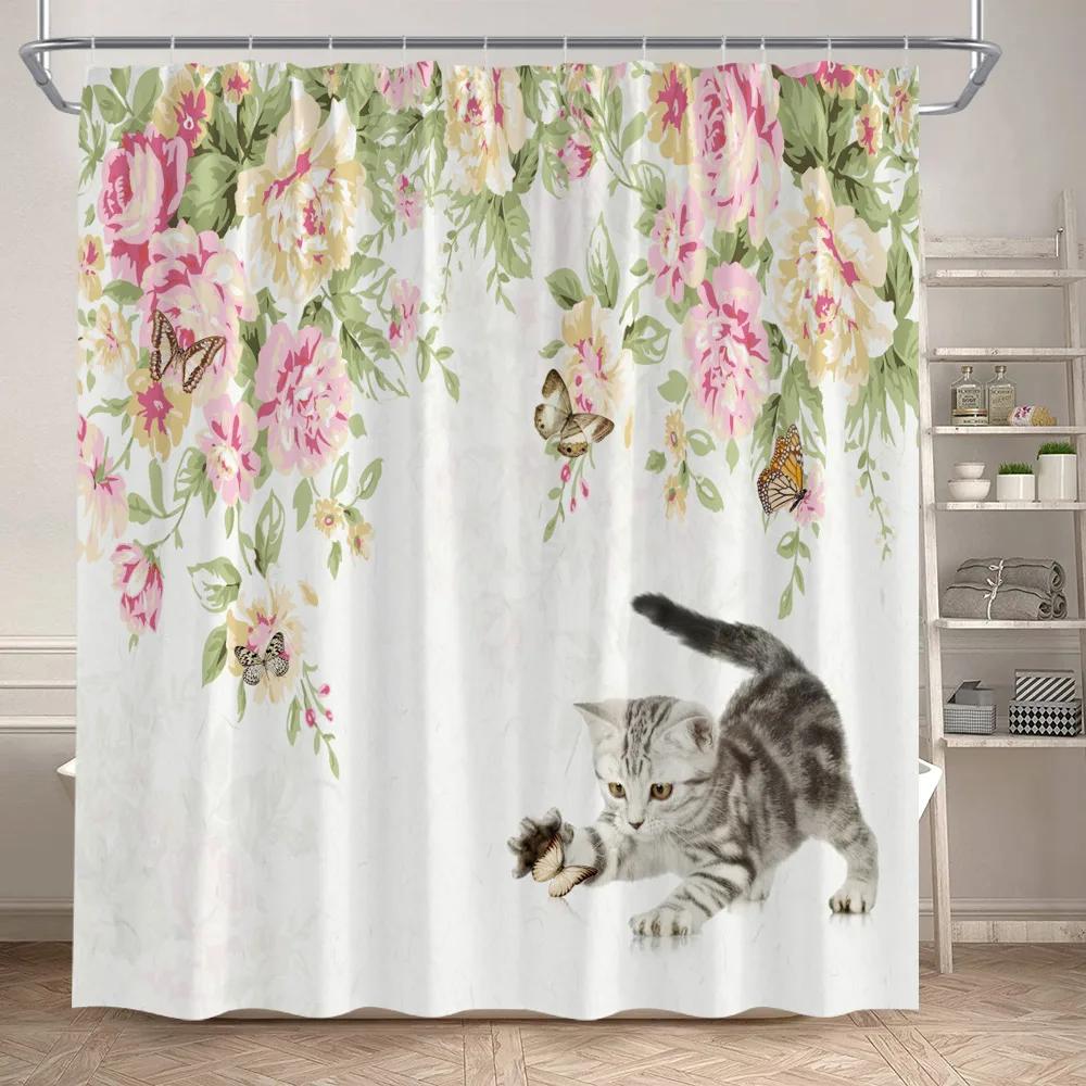 Rustic Flowers Shower Curtains Red Pink Rose Butterfly Sunflower Spring Nature Floral Bath Curtain Set Bathroom Decor with Hooks