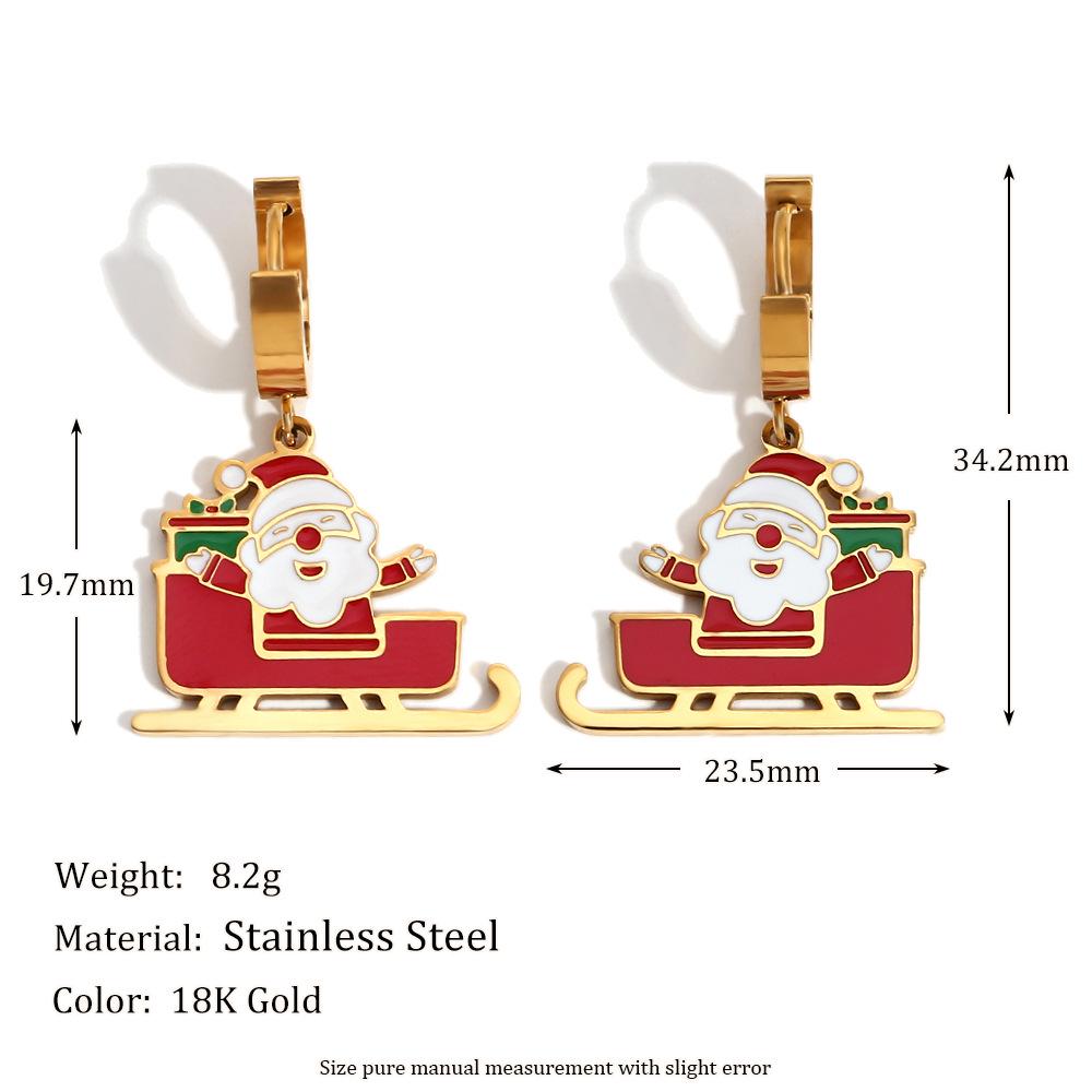 European-American Fashion Cartoon Santa Sleigh Earrings, 18K Gold Plated Stainless Steel, Christmas Drop Oil Design.