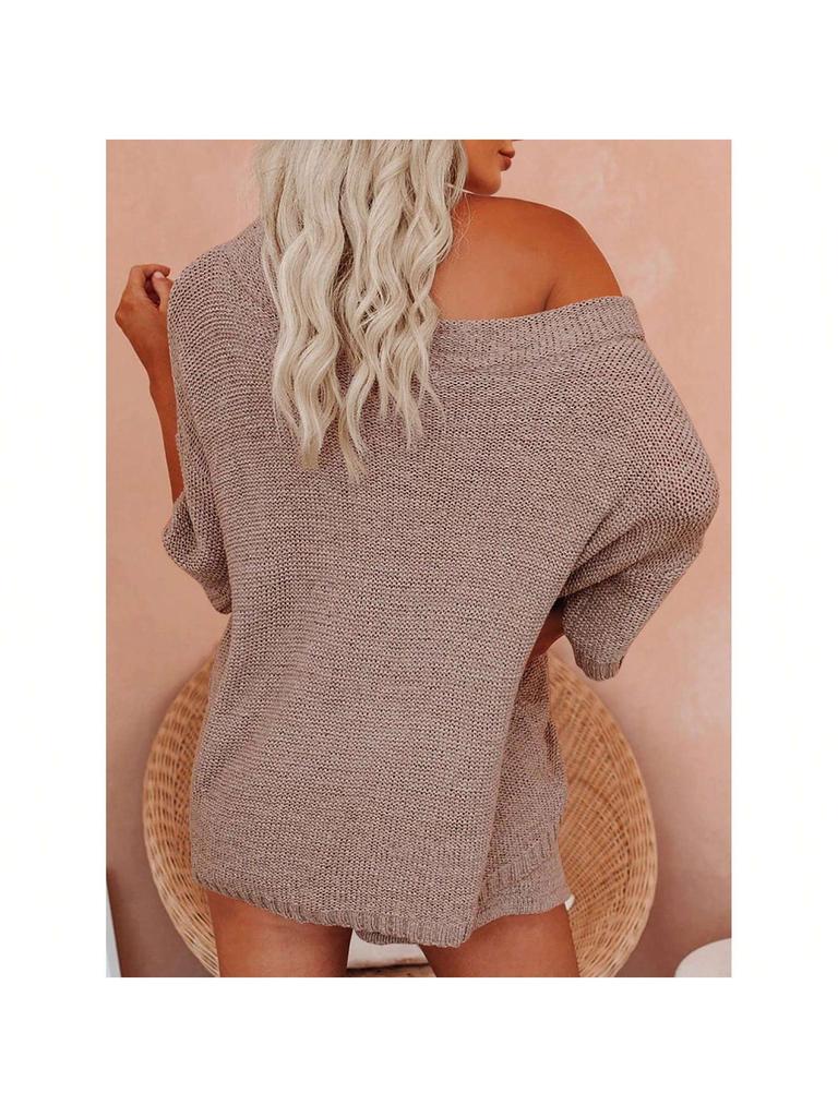 Women's Two Piece Knit Lounge Set Off Shoulder Top and Shorts Matching Cute Pajama Outfit