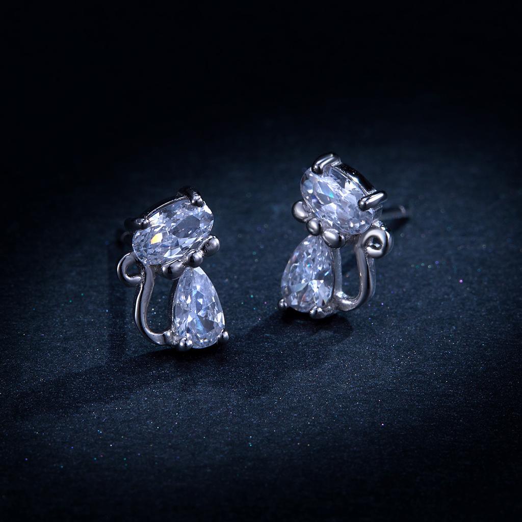 S925 Sterling Silver Cute Kitten Stud Earrings, Cross-Border Sterling Silver Zircon Stud Earrings.