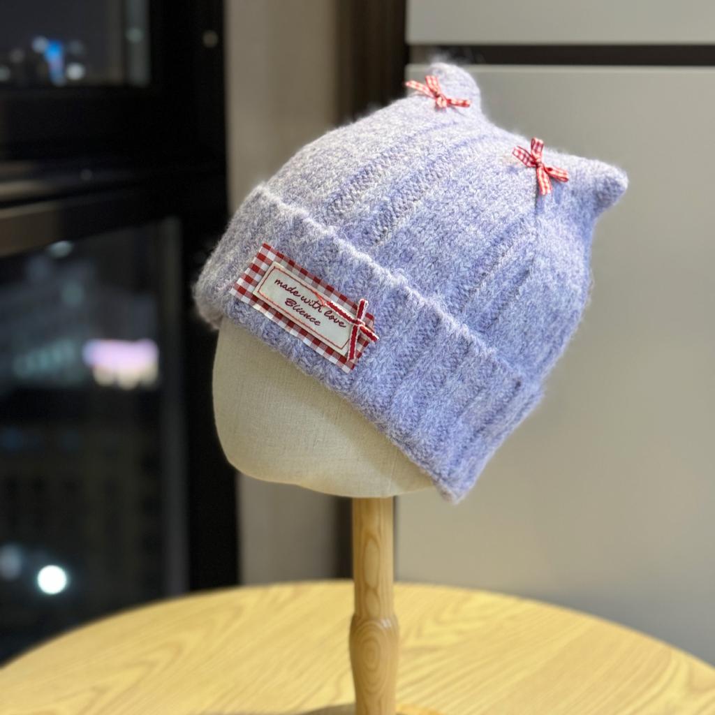 Korean Style Woolen Hat for Women Cute Cat Ears New Bow Warm Ear Protection Cold Hat Winter Fashion Knitted Hat