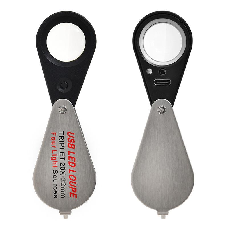 10X 20X Magnifier 13Led Fluorescent Identification, Charging Magnifying Glass, Diamond Identification