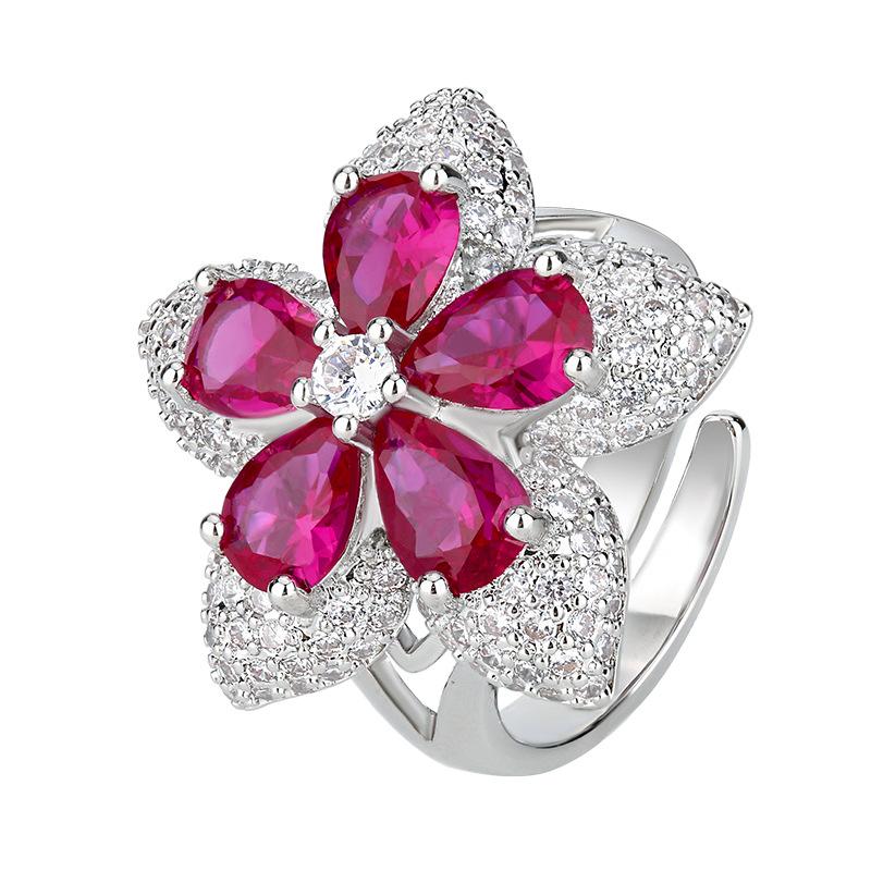 Jewelry Accessories Open-door Rings Lucky Five-star Flower Red Zircon High-end Fashion Style Women
