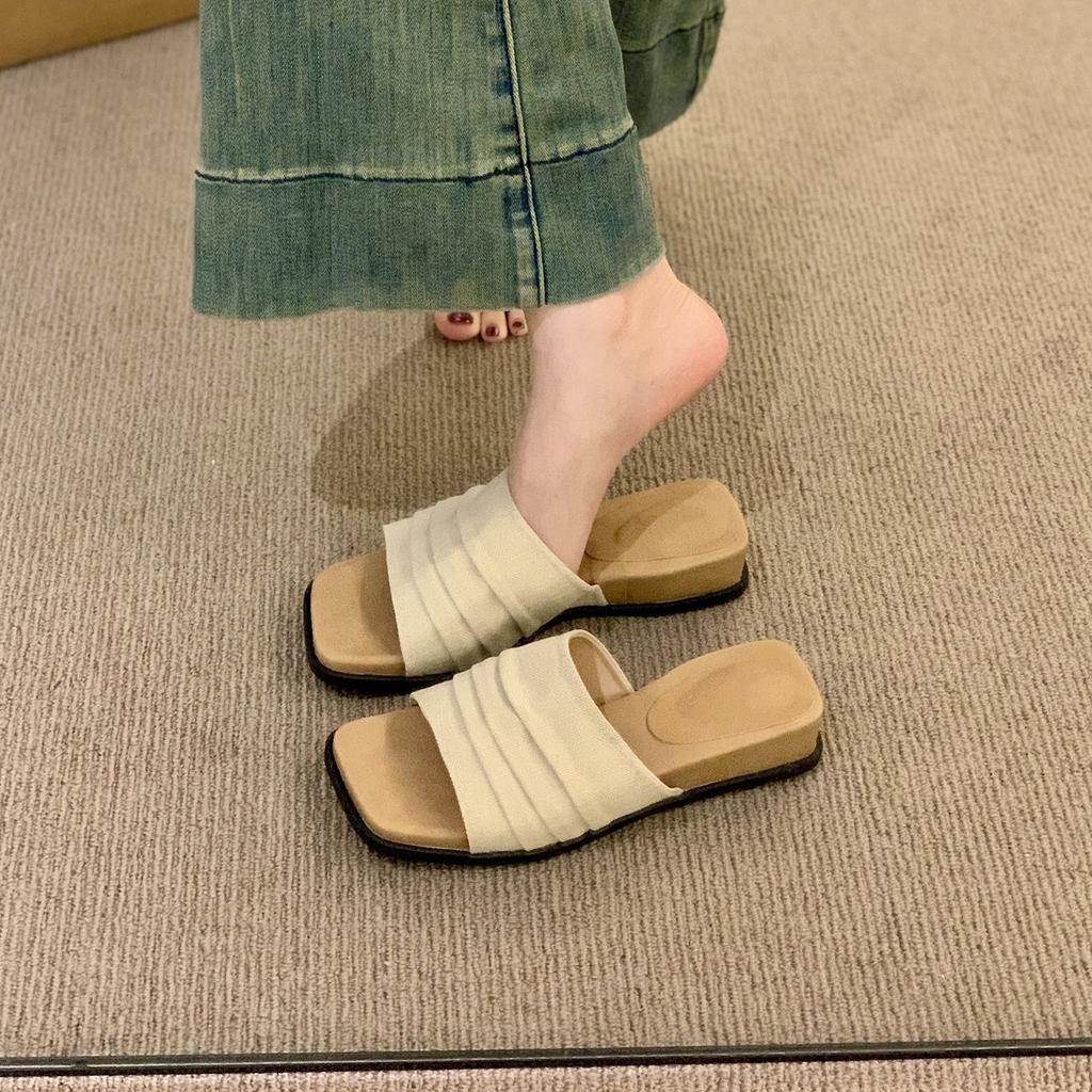 Wedge heel platform linen slippers women's summer wear new holiday with skirt one-word drag retro beautiful square head sandals