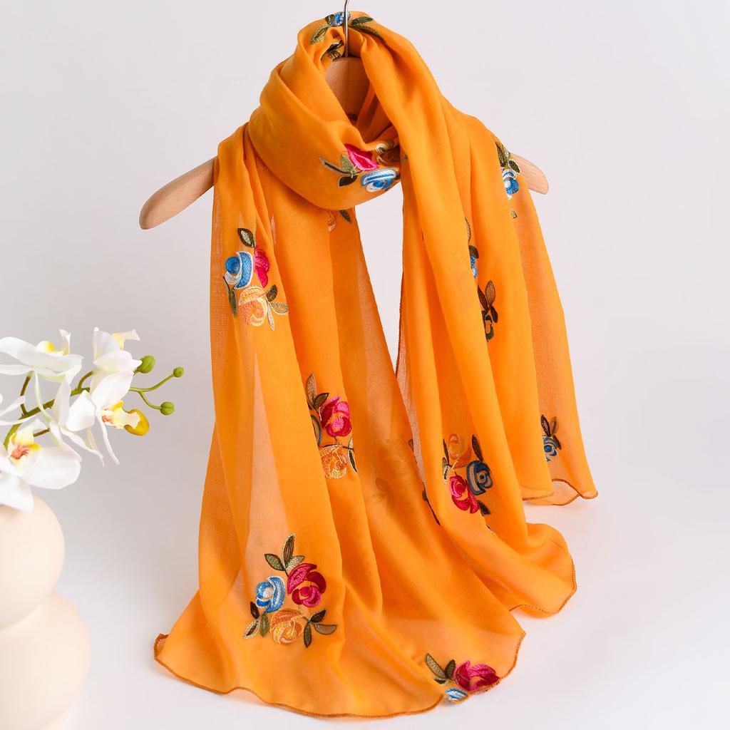 Spring Summer New Lightweight Breathable Cotton Linen Embroidery Scarf Ethnic Style Fashionable Soft Women'S Sunscreen Scarf