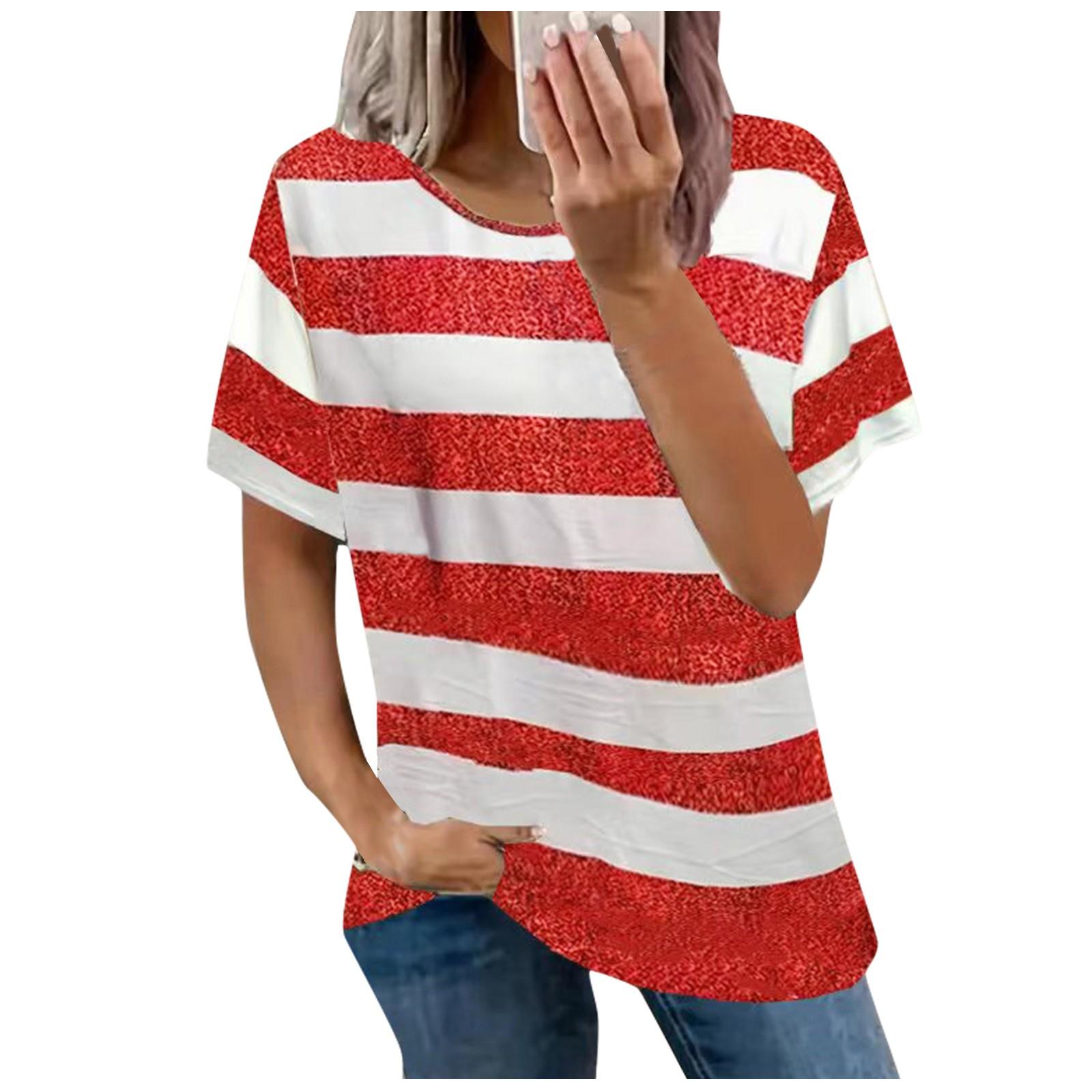 

Женские летние повседневные топы с коротким рукавом, полосатая футболка, свободная блузка, топы больших размеров XL красный