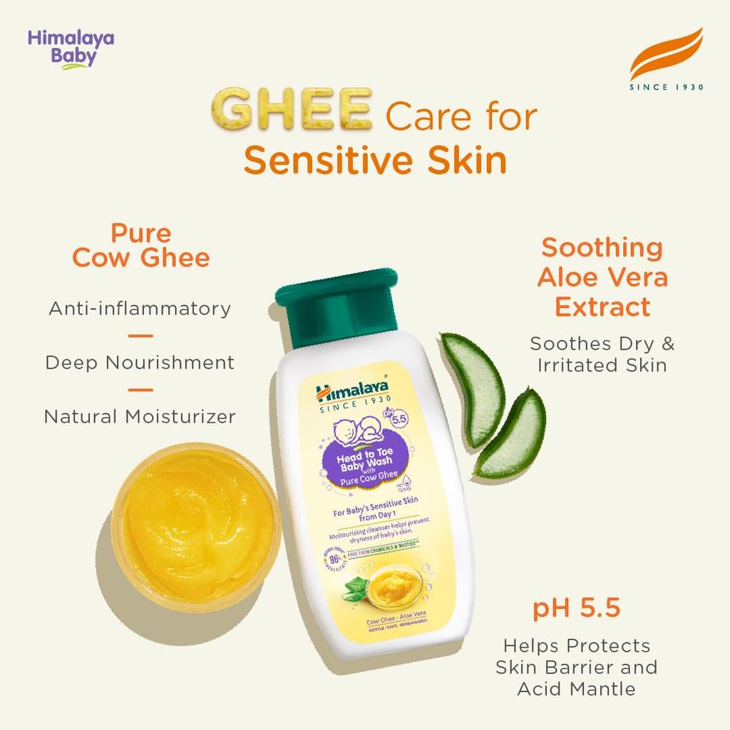 Himalaya Kopf bis Fuß Babywaschmittel mit reinem Kuhghee und Aloe Vera, Tränenfreie Reinigung für empfindliche Haut, pH5.5 Schutz, 100ml Flasche