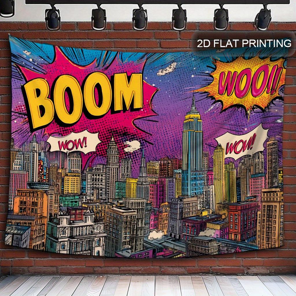 Party Comic City Tapestry Vibrant Pop Art Design with Boom Wow Speech Bubbles for Dorm Living Room Decor High Quality 2D Print
