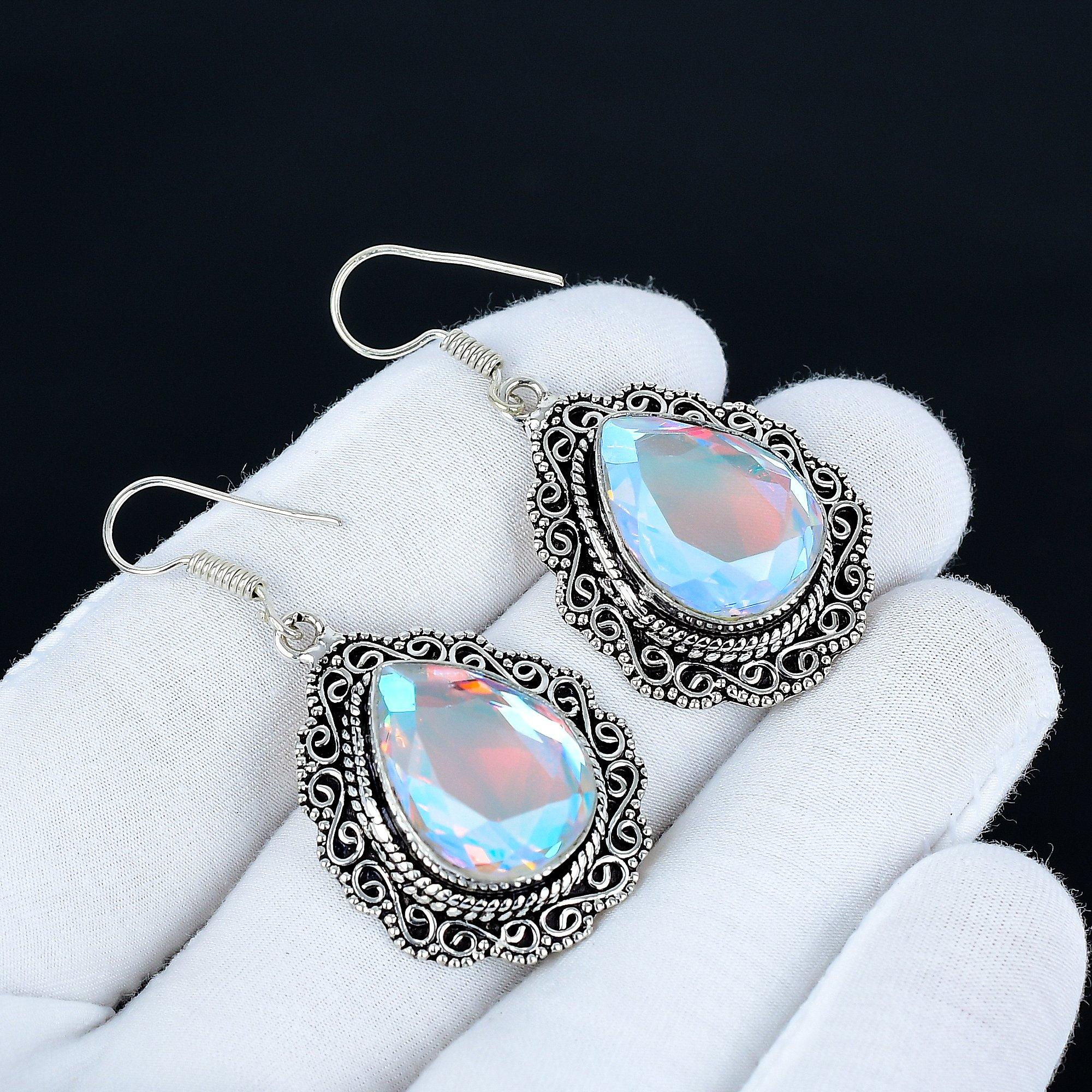 

Серьги с мистическим топазом, серьги из стерлингового серебра 925 пробы, серебряные серьги для подарка, серьги-подвески с мистическим топазом для подарков на Рождество 5 Cm белый