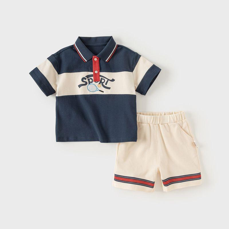 David Bella Boys  Five-Point Pants Set Stylish Summer New Style Medium and Large Children s T-Shirt Two-Piece Set Children s Pure Cotton Clothing Navy Blue [Ready in Stock] 120