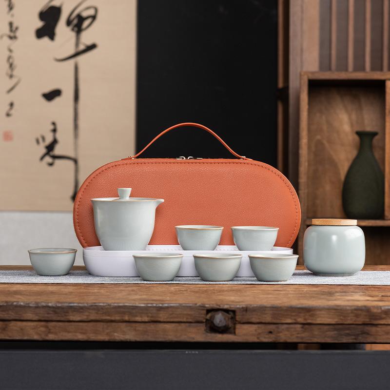 Celadon Ge Kiln Opening Film Can Raise Outdoor Portable Travel Tea Set, One Pot and Three Cups of Kuaike Tea Cup Gifts