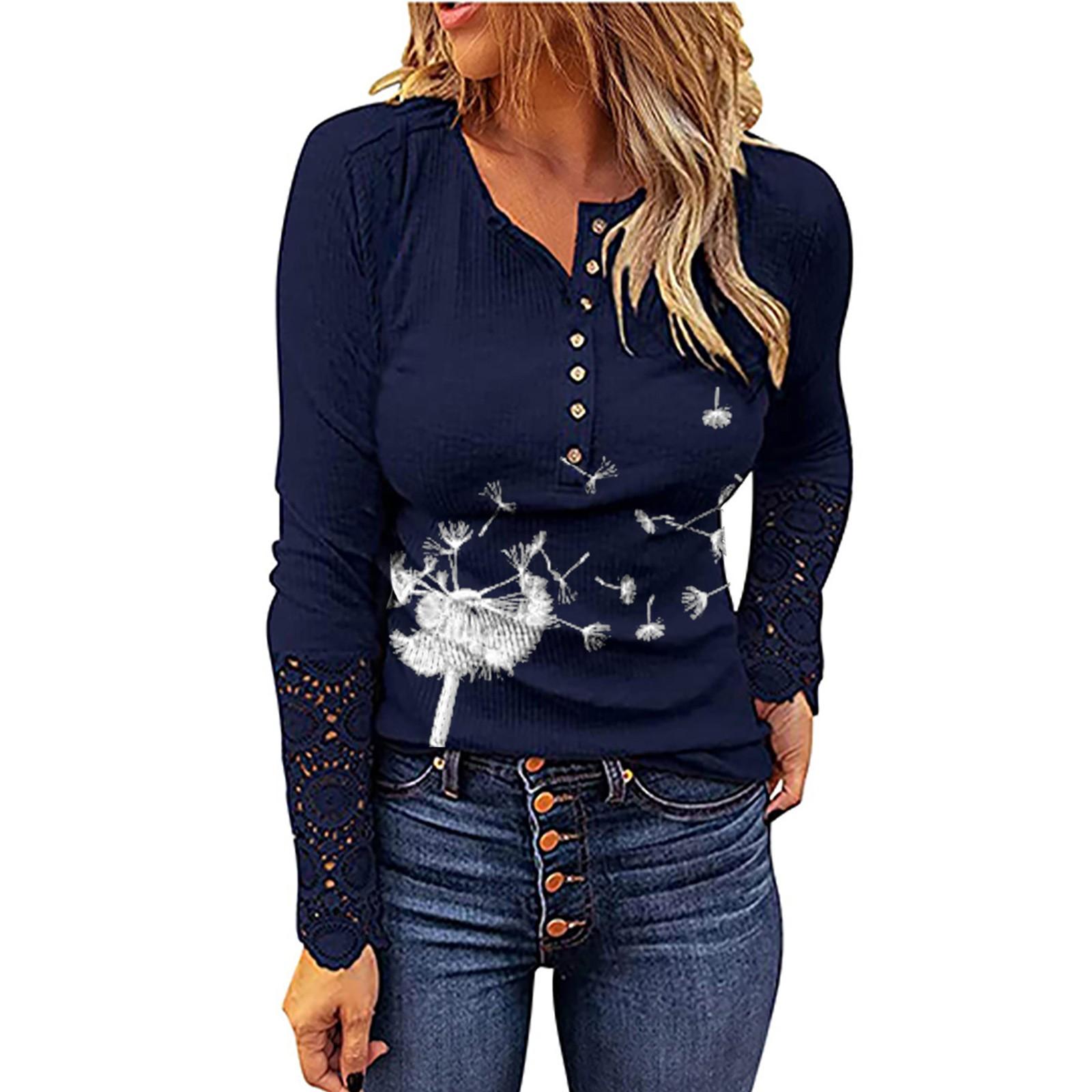 

Женская повседневная удобная свободная футболка с кружевным принтом и круглым вырезом XXL тёмно-синий