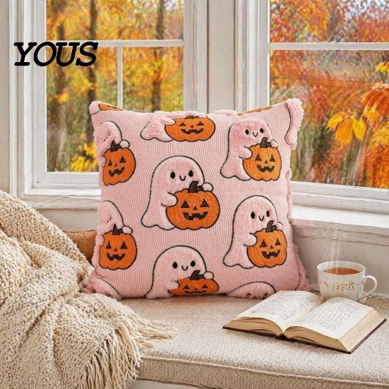 Cozy Bedroom Cushion Cover Ghost Pumpkin Cover, Halloween Throw Pillow Cute Gift Ideas Embroidered Case, Soft Plush Pillowcase for Couch Sofa Holiday