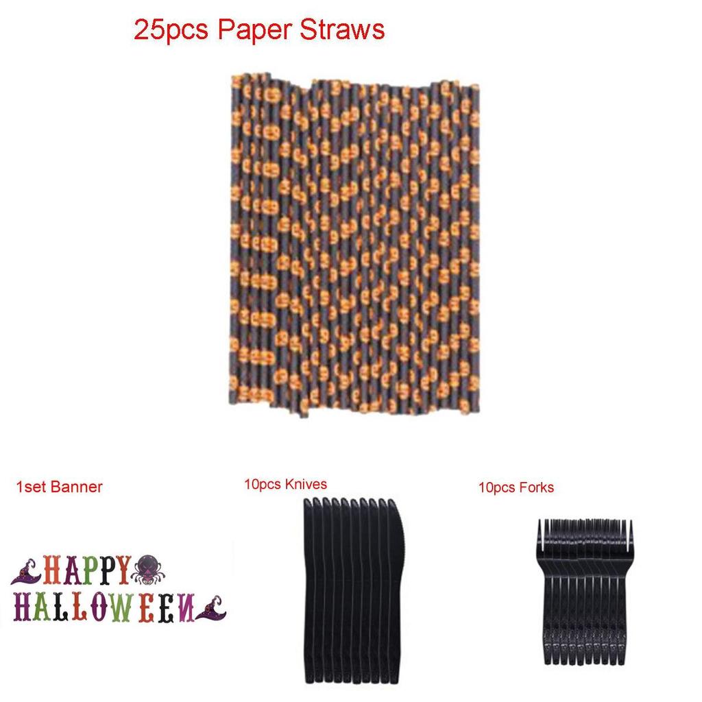 Halloween Party Decoration Supplies Including Pumpkin Tablecover And Straws**