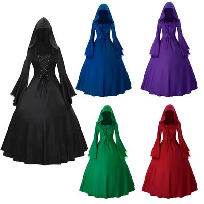 Women Gothic Long Dress Renaissance Lace Up Dress Hooded Cloak Halloween Party Cosplay Costume