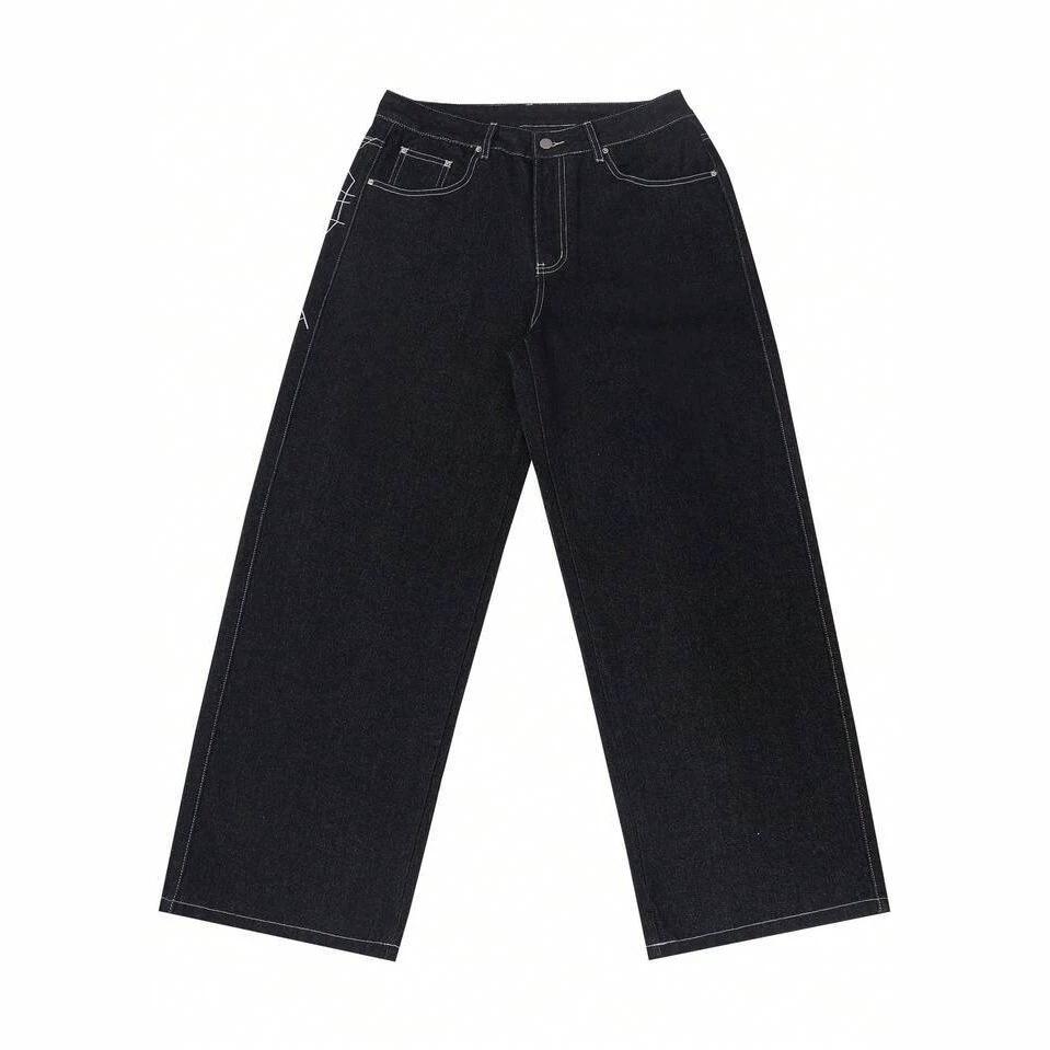 Trendy Brand Spider Web Embroidery Loose Straight Jeans Men's Personality Street Jeans Cotton