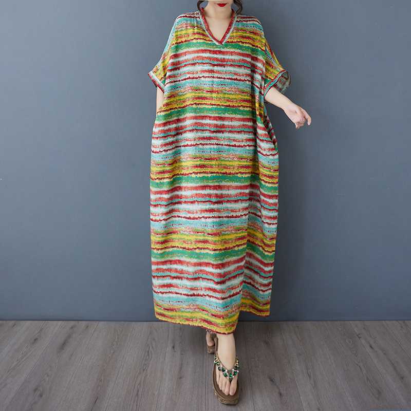 Ladies' V-neck Vintage Long Skirt Cotton Linen Dress