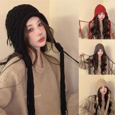 Handmade Fringed Braids Hat Y2K Sweet Girl Warm Beanie Hat InsStyle Bonnet Winter Autumn Skull Hat Pullover Earflap Hat