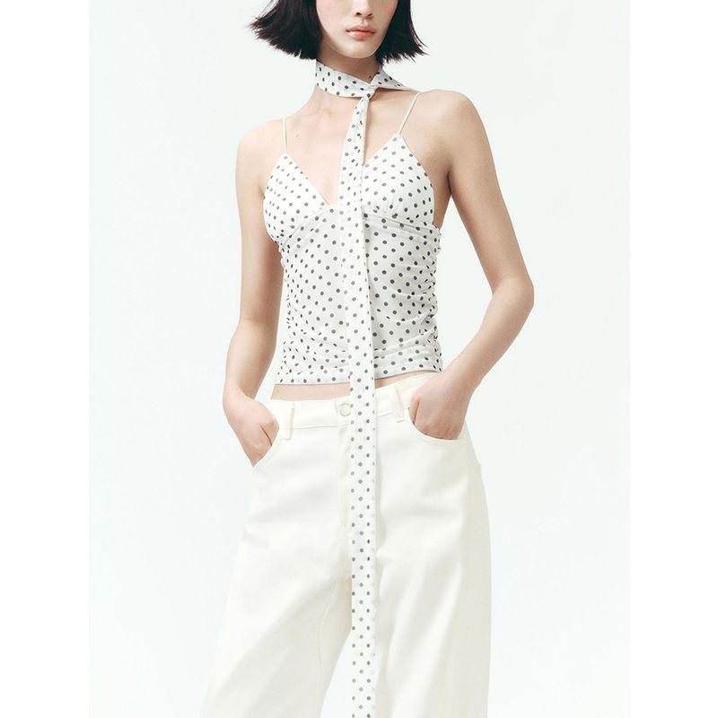Summer New Product Women's Clothes Minimalist V Neck Sleeveless Scarf with Polka Dot Print French Romantic Tops 0347316