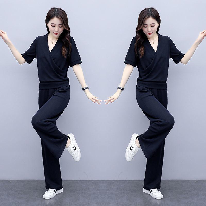 Chic Summer Women's V-Neck Top and Wide-Leg Pants Two-Piece Set - Trendy 2025 Xiaoxiang Style