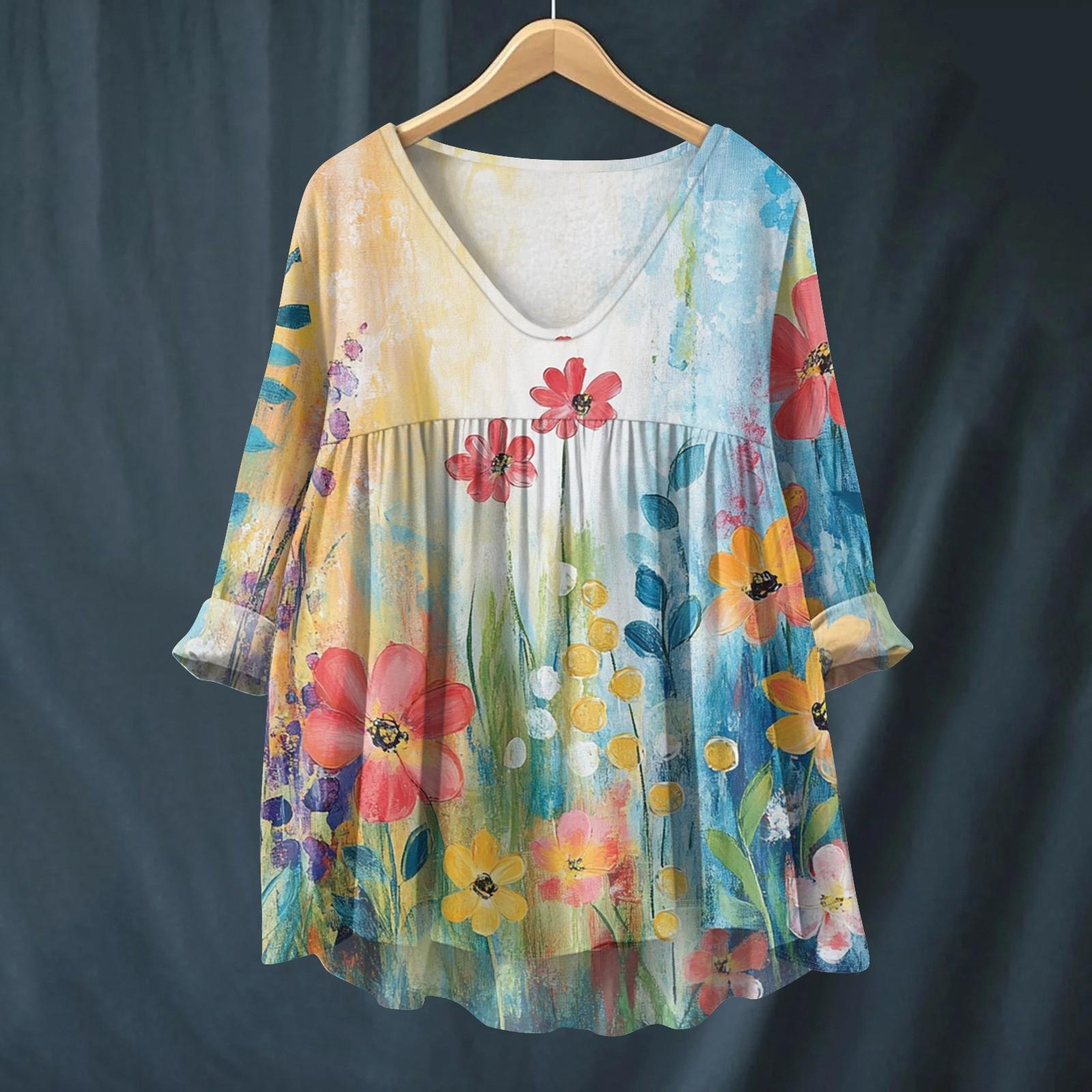 

Женская модная и повседневная рубашка с длинным рукавом, V-образным вырезом и принтом, блузка из хлопка и льна M