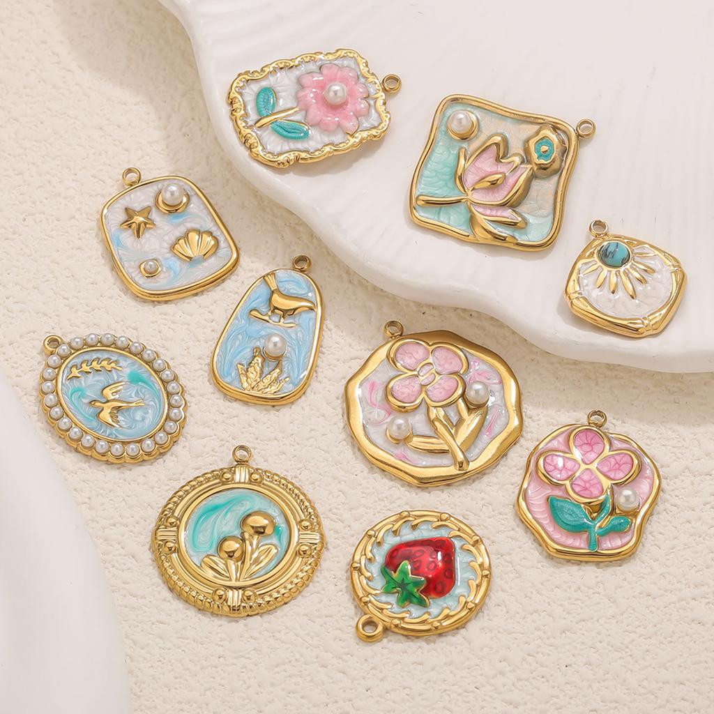 2 Pcs 304 Stainless Steel Charms Enamel Lotus Flowers Starfish Birds Sun Pendants For Diy Necklace Bracelet Jewelry Making