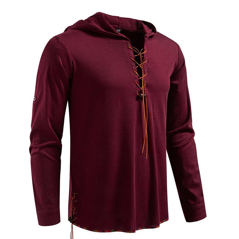 Men's Lace-Up Hooded T-Shirt Casual Retro Top for Men Spring Autumn Fashion Adjustable Sleeve Multi-Color Male Blouse