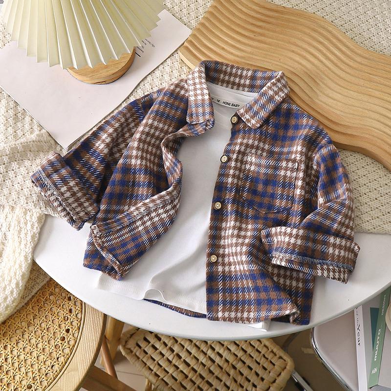 Children's  Boys and Girls Retro Plaid Boys Versatile  Shirt Brushed Shirt Spring and Autumn Baby Handsome Plaid Shirt