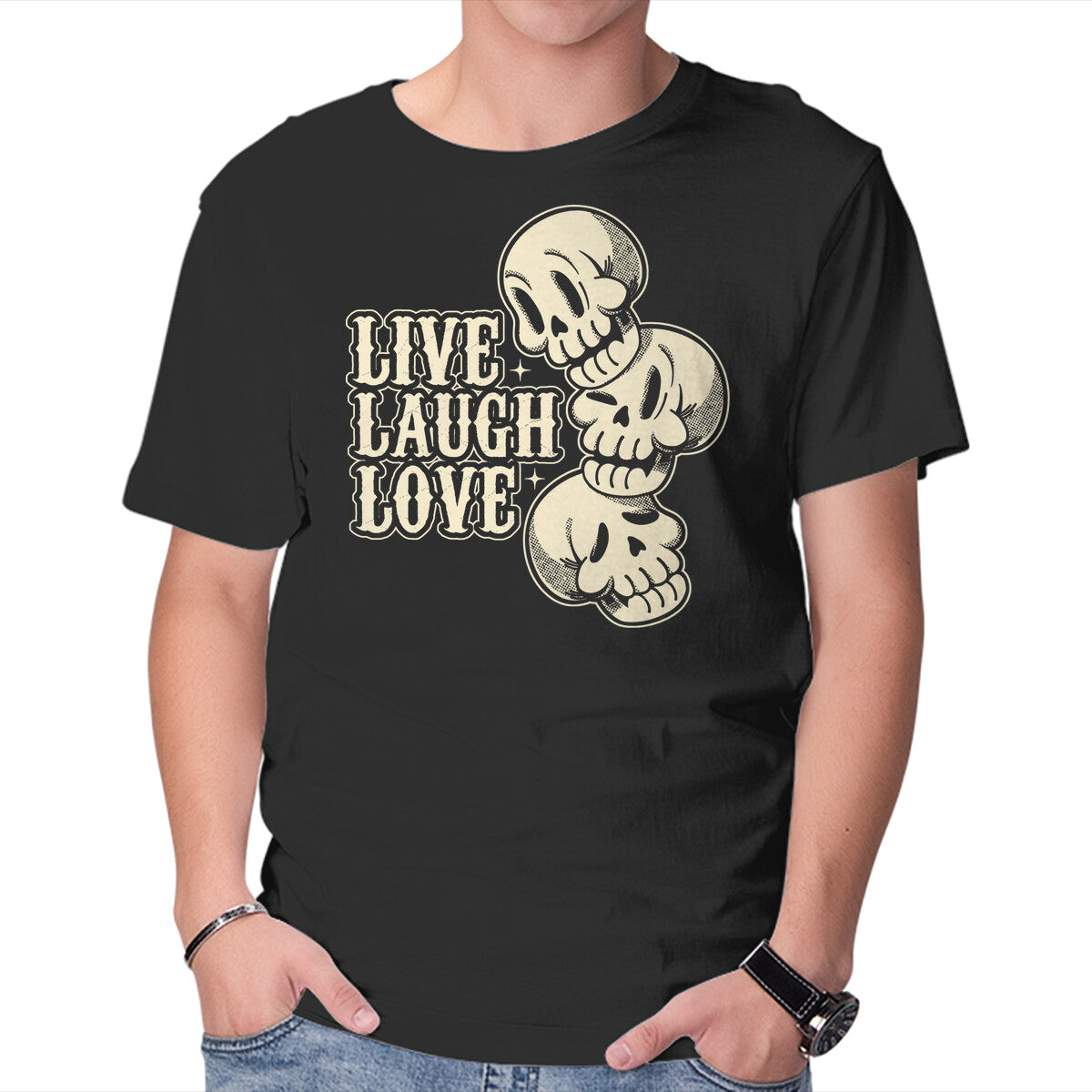 Unisex Crew Neck T-Shirt Live Laugh Love Skeleton Graphic Short Sleeve Casual Tee L