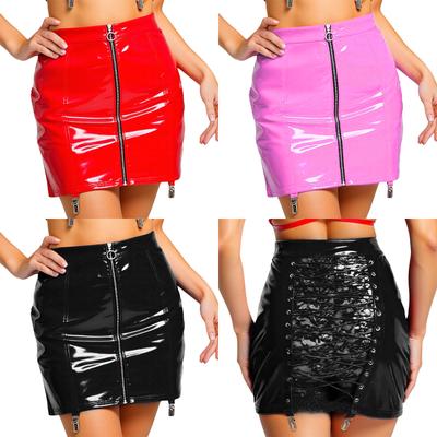 Womens Bodycon PU Skirt Floral Lace Patchwork Lace Up Clubwear Mini Skirt