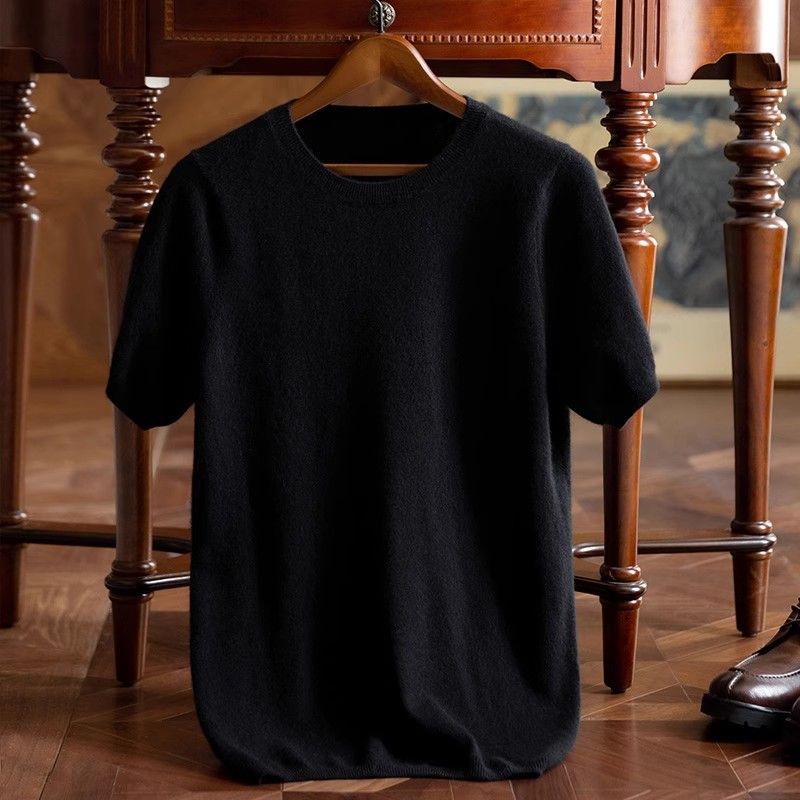 Men's Beige Crew Neck Short Sleeve Knit Top Soft Casual Daily Sweater