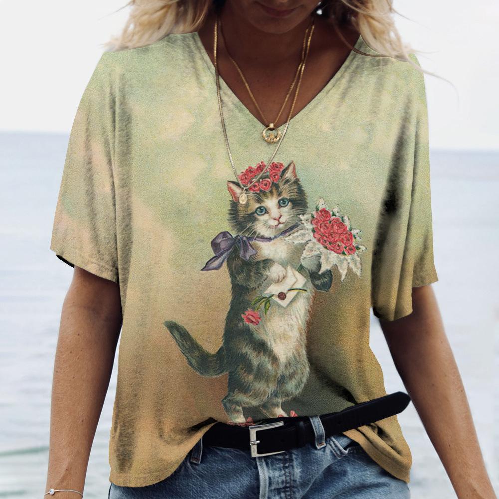 2025 Summer New 3D Cat Print Tee Loose Retro Women's V-neck Short Sleeved Street Style T-shirt Casual Top