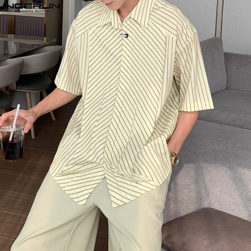 INCERUN Oversized Men Lapel Neck Short Sleeve Striped Print Pleating Shirts Tops