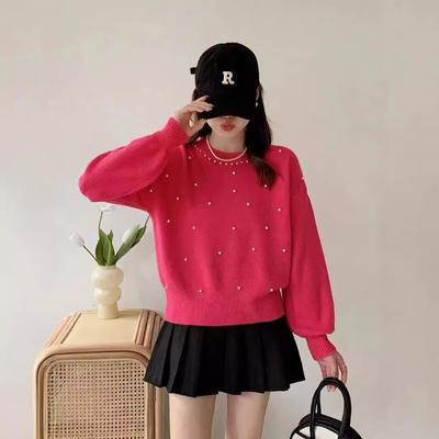 Rundhals Pullover Damen neues Herbst- und Winterdesign schulterfrei Perlen locker vielseitig Strickpullover Top